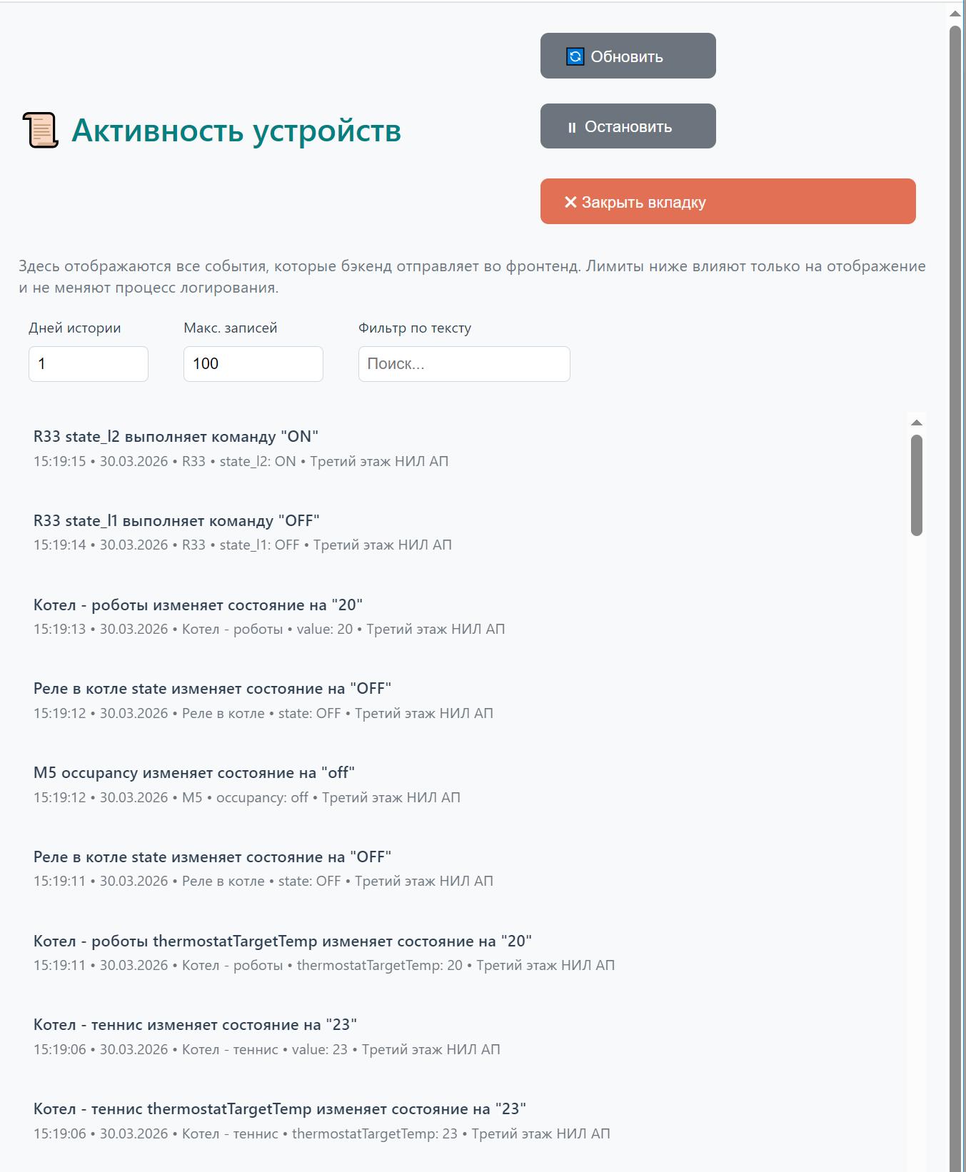 Журнал активности устройств